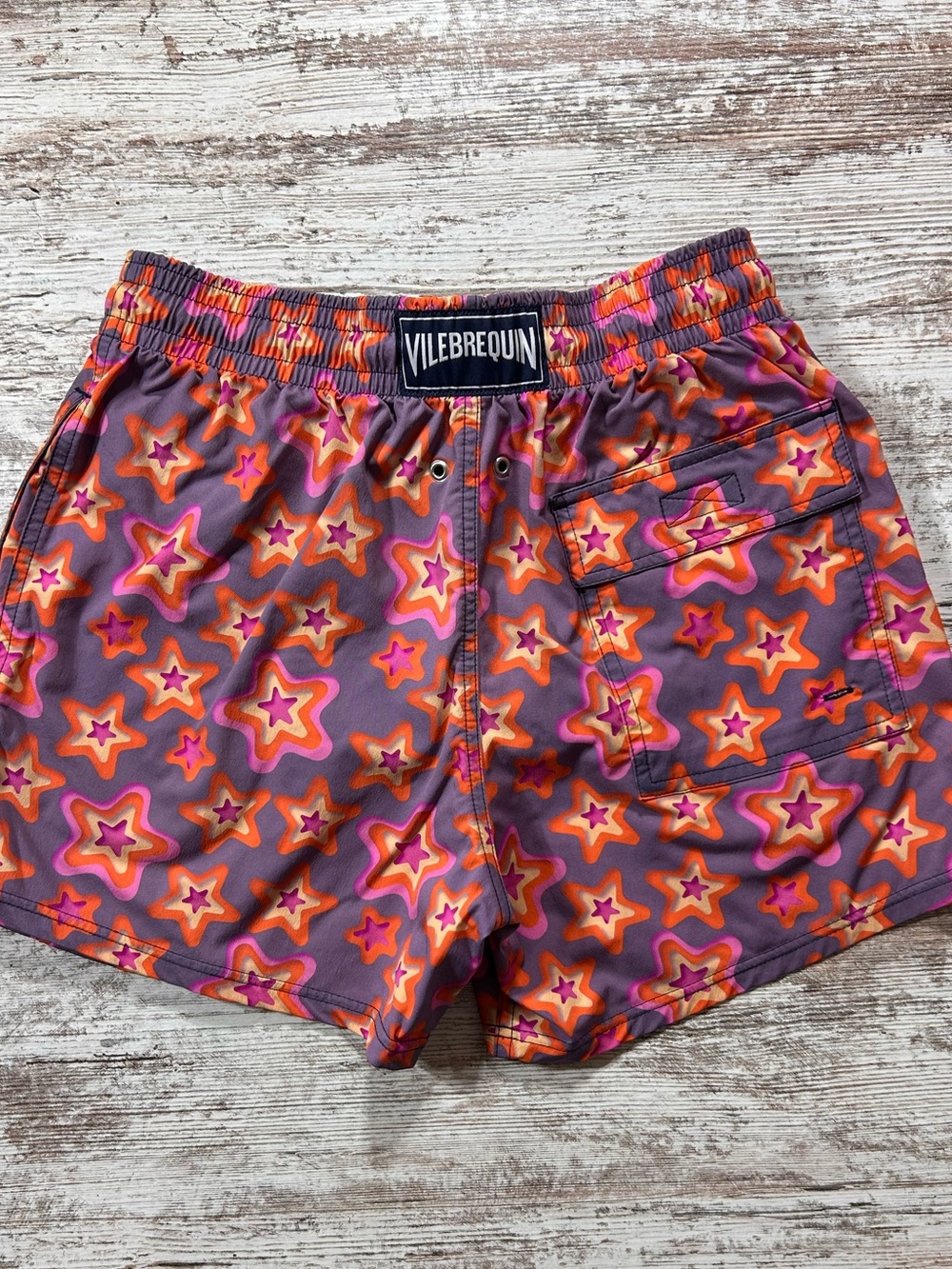 Men’s Vilebrequin swim trunks lined purple pink stars size small 4” inseam